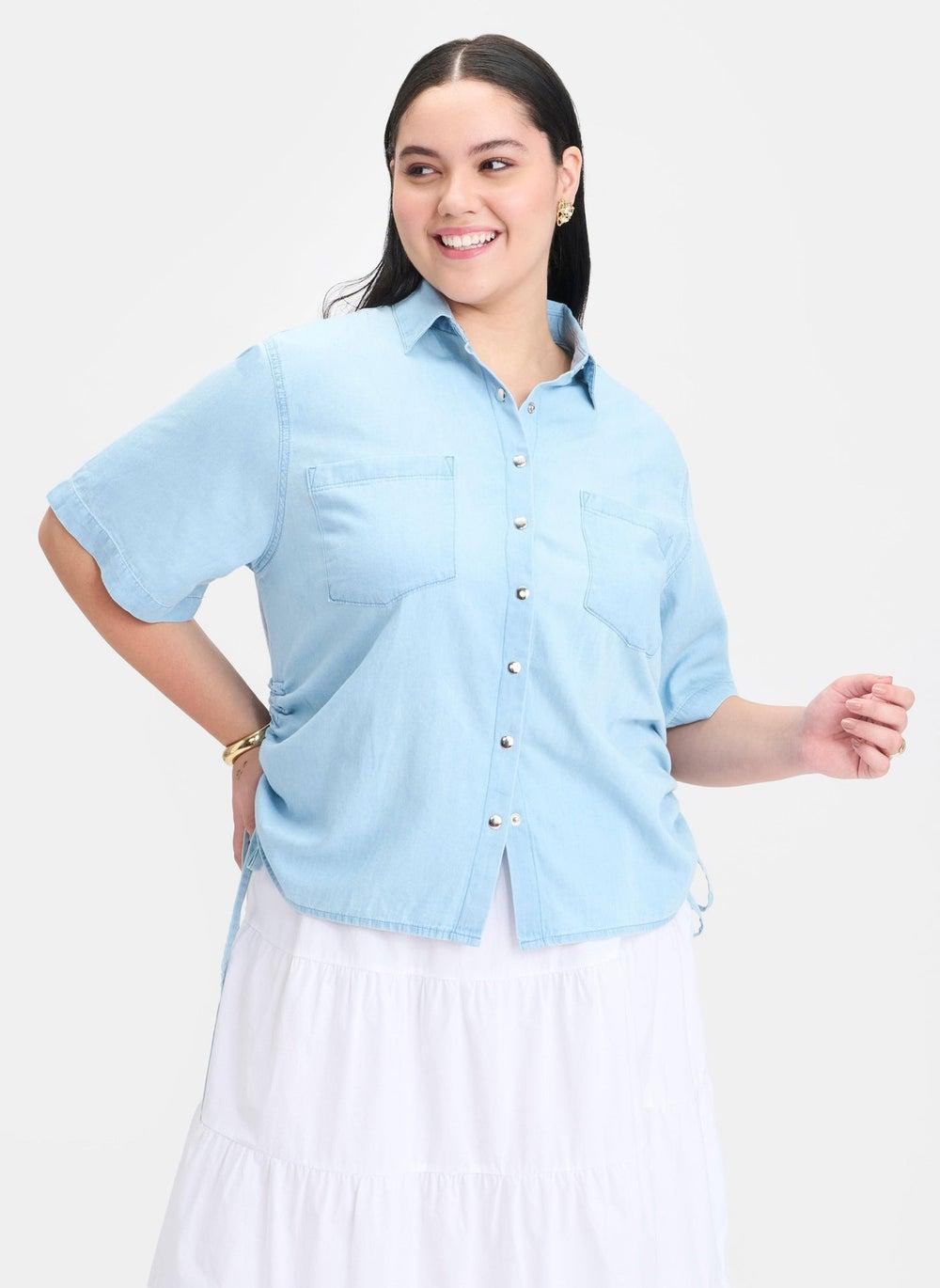 Women’s Cotton Denim Shirt with Side Drawcords Blue - Image 1