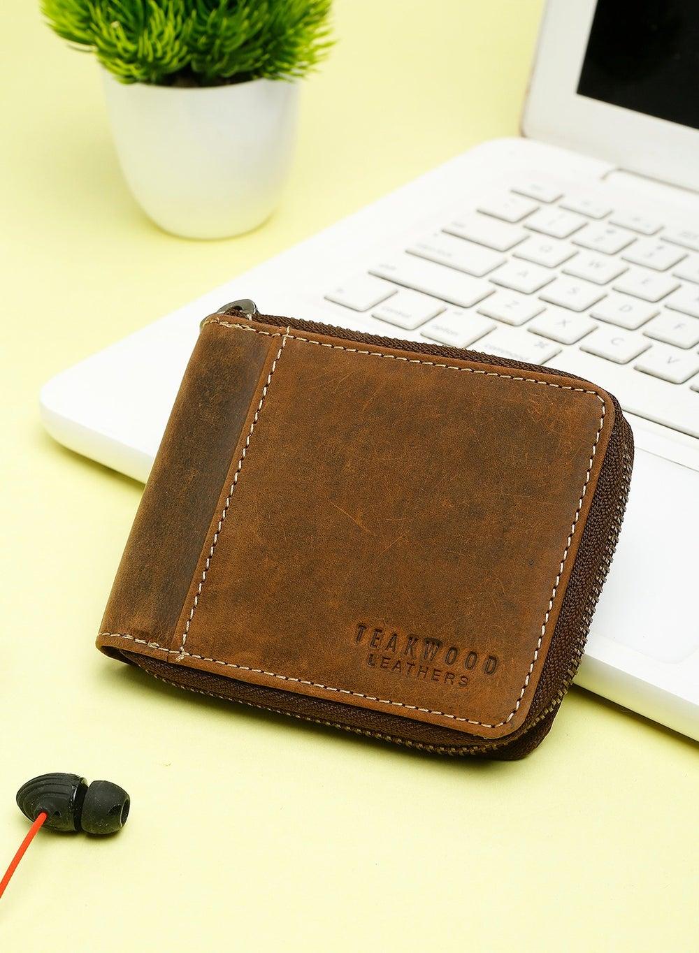 Genuine Leather RFID Zip Around Brown Men’s Wallet - Image 1