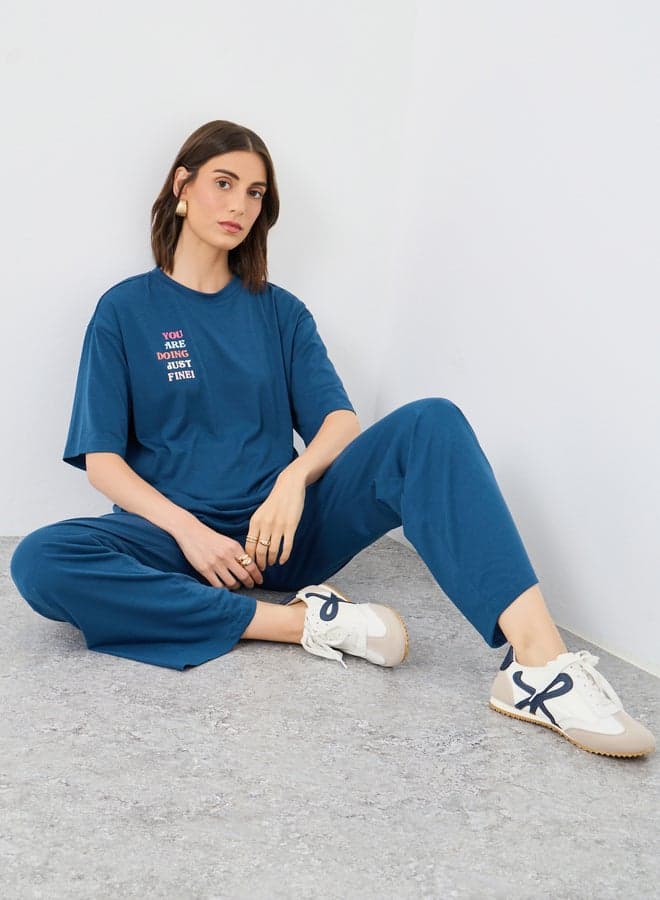 Blue Slogan Print Relaxed Fit Co-Ord Set - Image 1