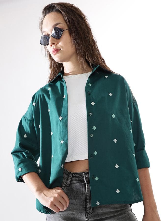 Deep Teal Poplin Embroidered Oversized Shirt for Women - Image 1