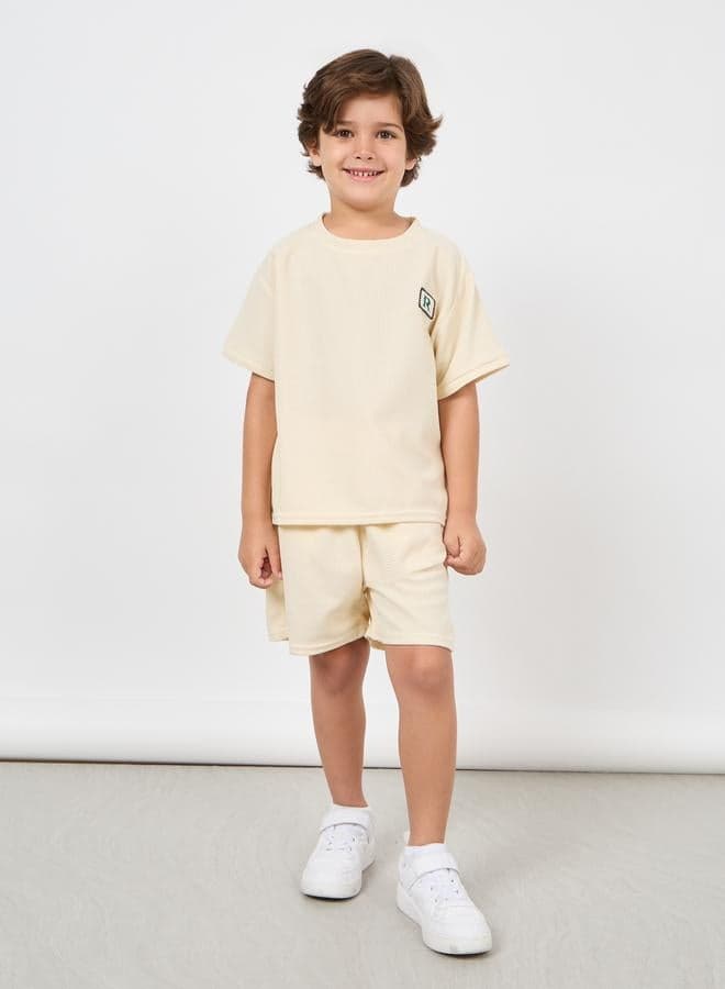 Boys Beige Waffle Patch Detail T-Shirt Shorts Set - Image 1