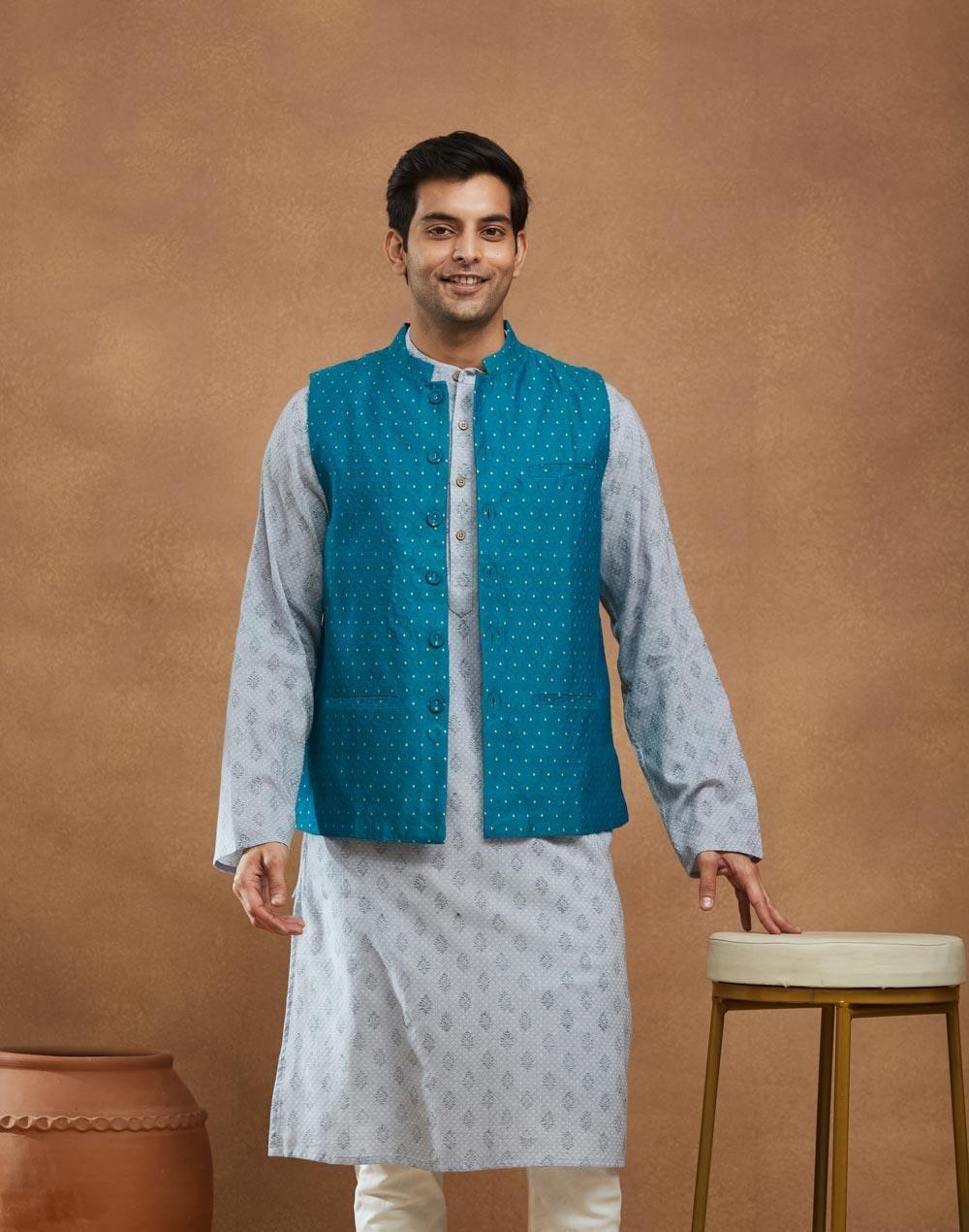 Teal Butta Viscose Nehru Jacket - Image 1