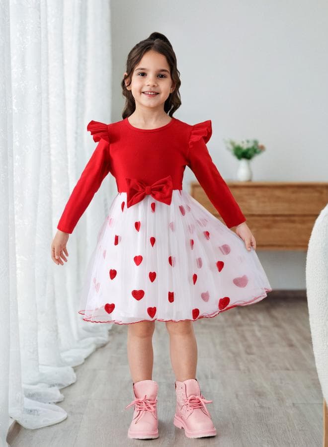 Girls Bow Detail Heart Mesh Festive Dress - Image 1