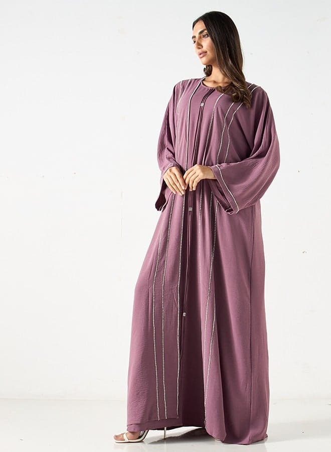 Mauve Rhinestone Trim Abaya 3-Piece Set - Image 1