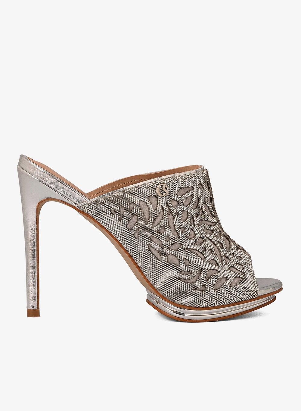 Aluminum Silver Laser-Cut High Heel Mule Sandals - Image 1