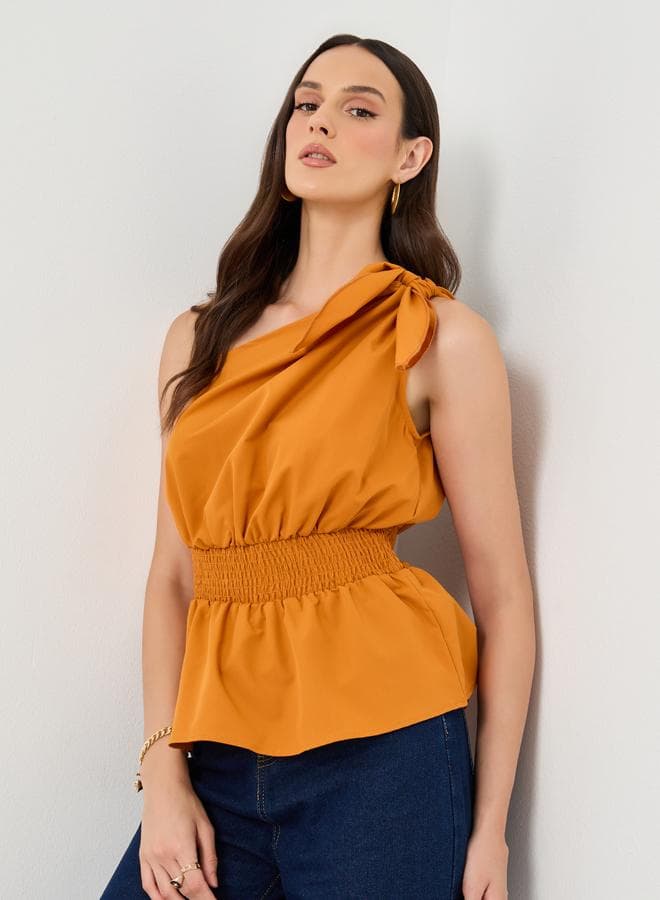 Styli One-Shoulder Smocked Waist Mustard Top - Image 1
