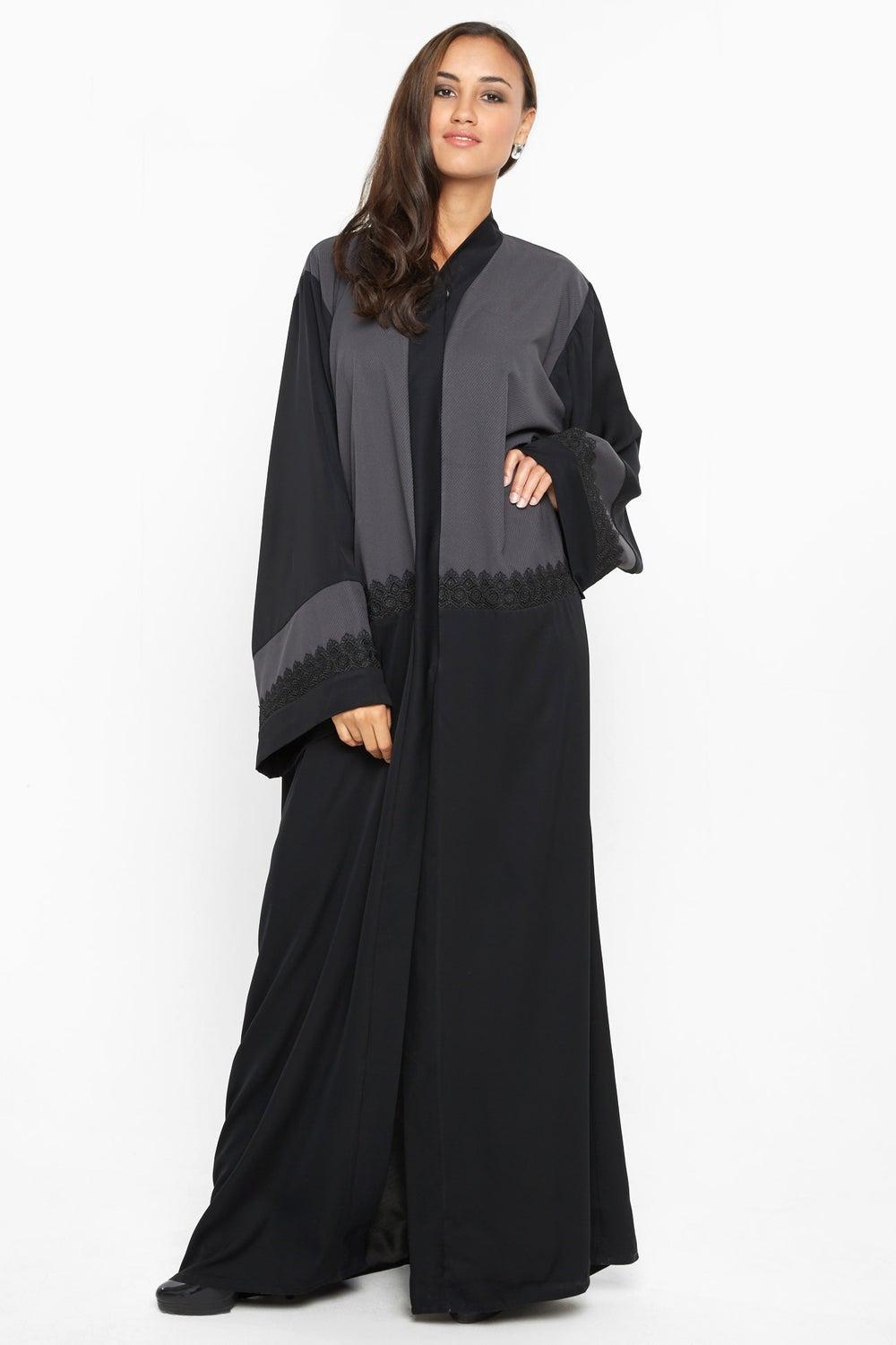 Black & Grey Lace Abaya AJ578A Premium Nida - Image 1