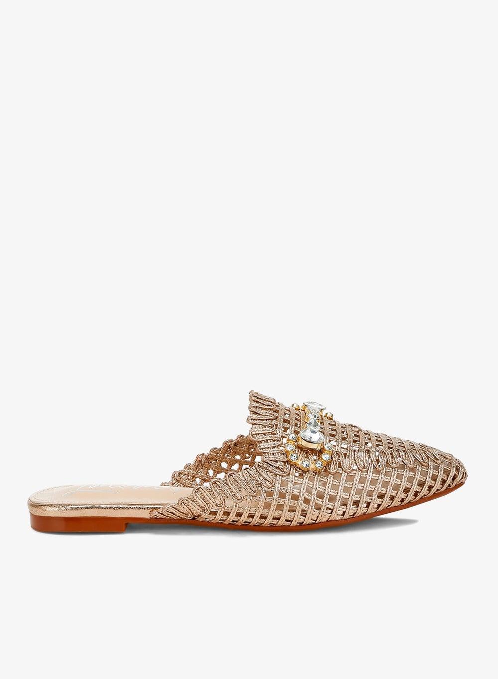 Rose Gold Diamante Woven Mule Flats Sh4874 - Image 1