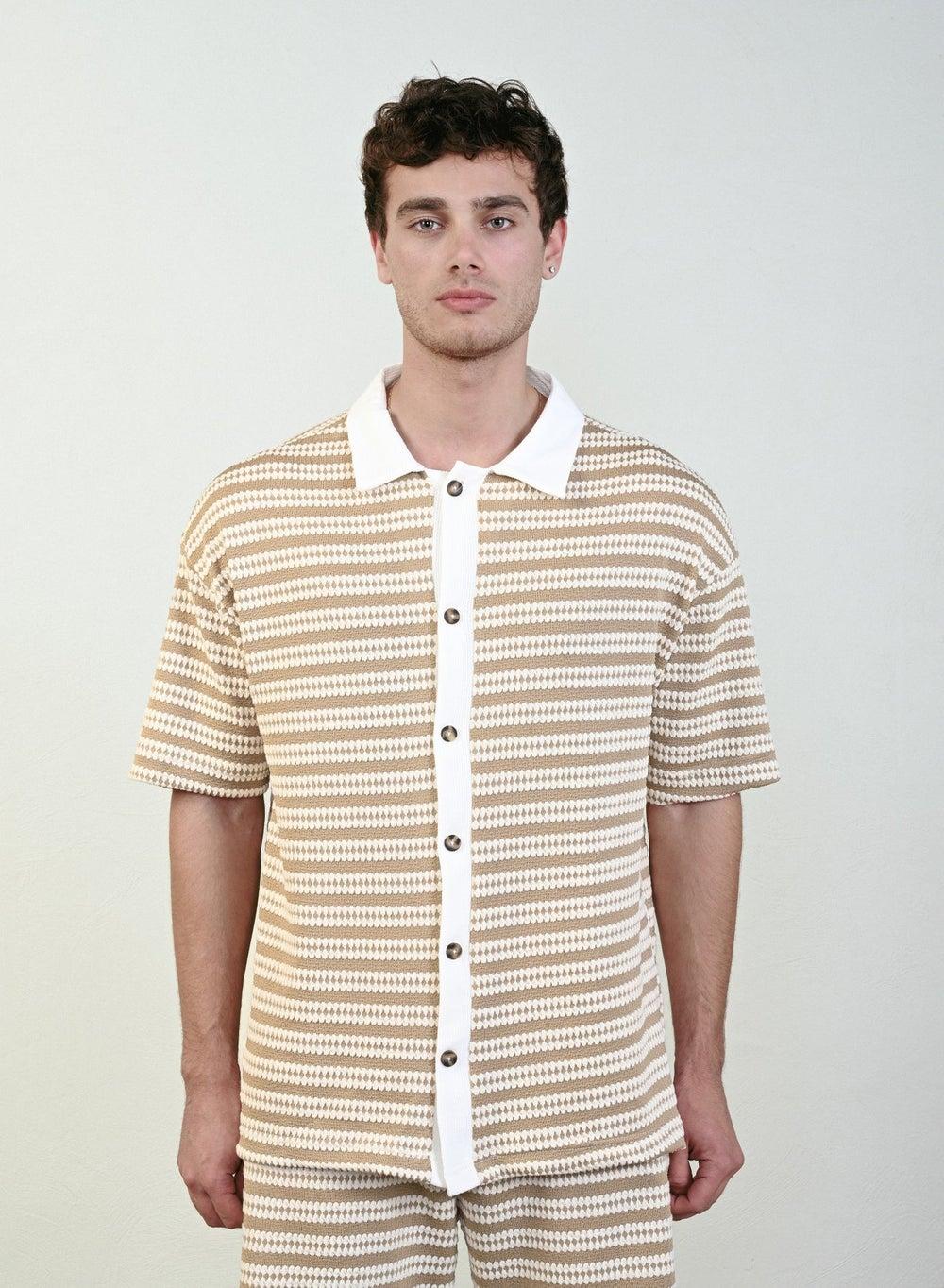 Men’s Striped Short Sleeve Shirt Light Brown White - Image 1