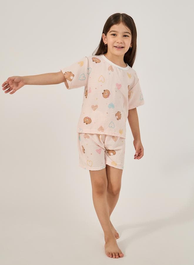 Coral Printed Round Neck Girls Pyjama Short Set - Image 1