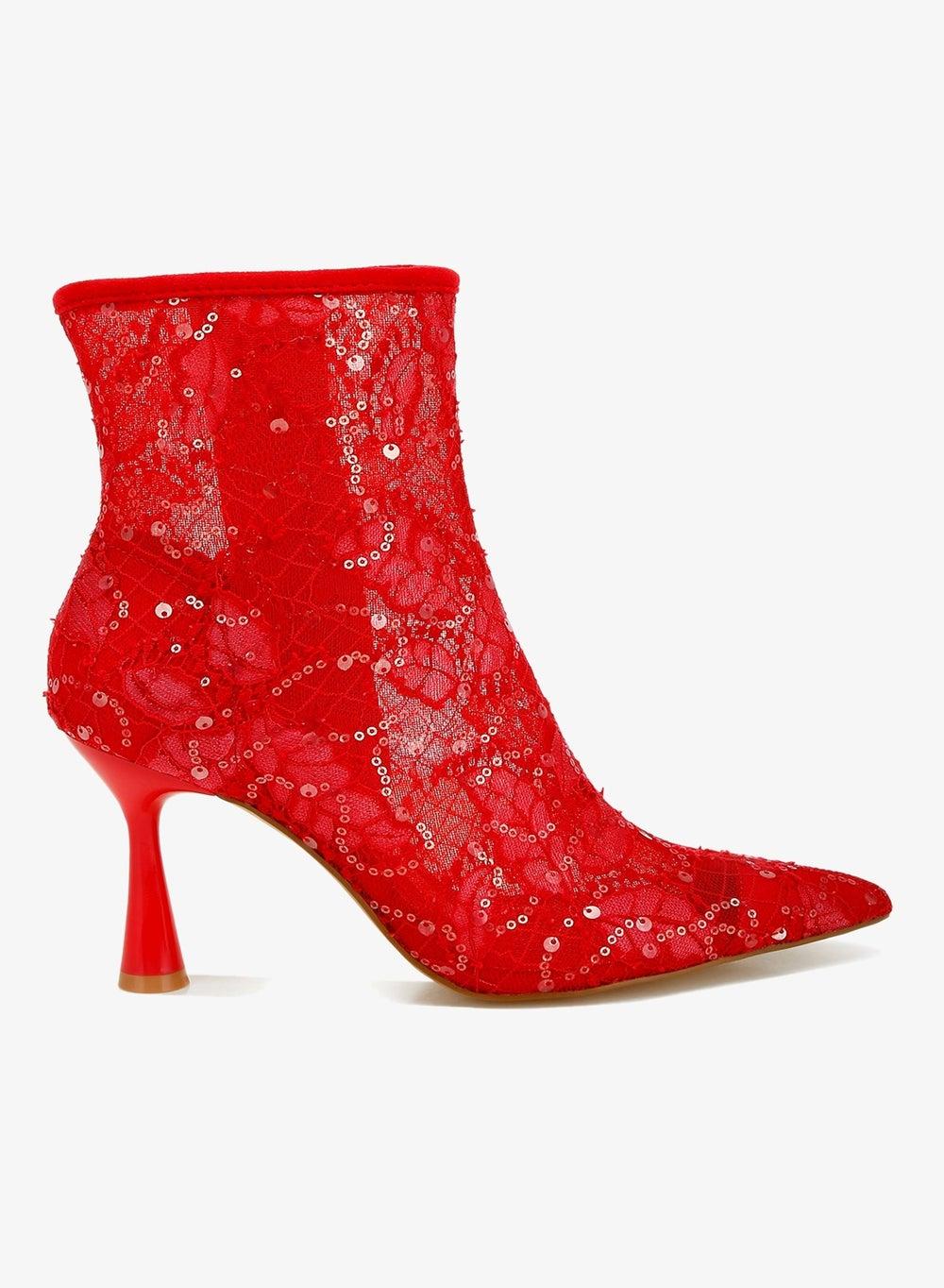 SH5130 Red Sequin Lace Pointed Ankle Boots - Image 1