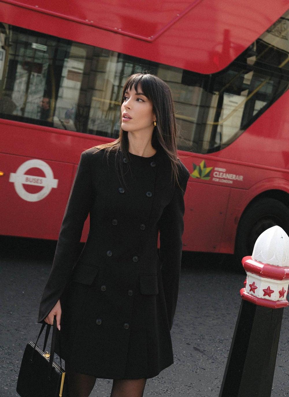 Black Fitted Mini Blazer Dress with Button Detail - Image 1