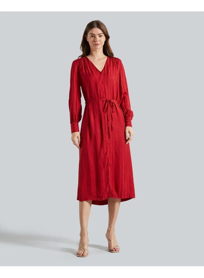 Ruby Red Belted Midi Shirt Dress - Image 1