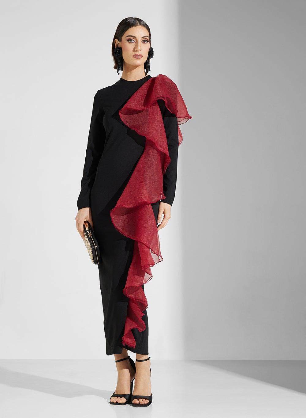Kh808 Black Midi Dress with Red Ruffle Detail - Image 1