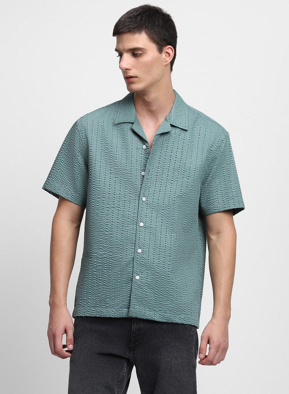 Sage Green Ribbed Casual Shirt Men Regular Fit - Image 1