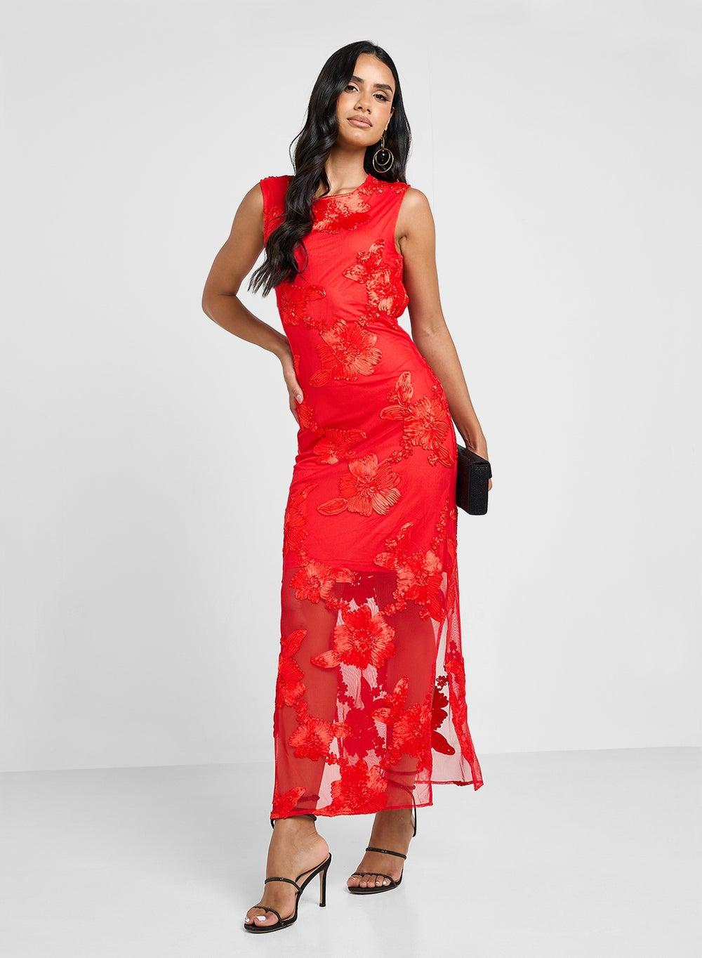 Floral Sheer Maxi Dress 26037067 Red Elegance - Image 1