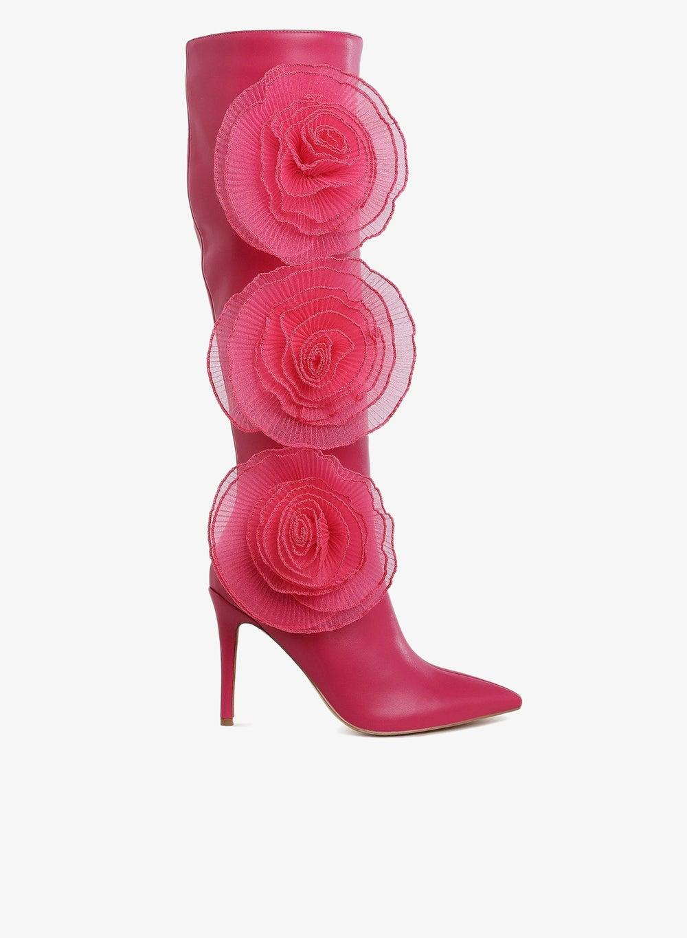 Fuchsia Sheer Rose Detail High Heel Knee Boots Sh5314 - Image 1