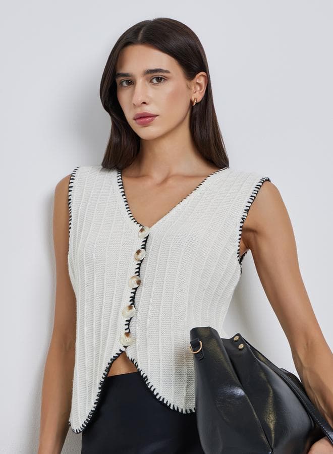 Take Two Beige Textured Knit V-Neck Vest - Image 1