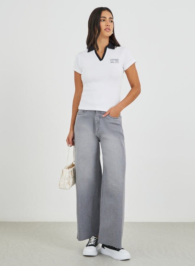 Grey High Rise Kick Flare Jeans Raw Hem - Image 1