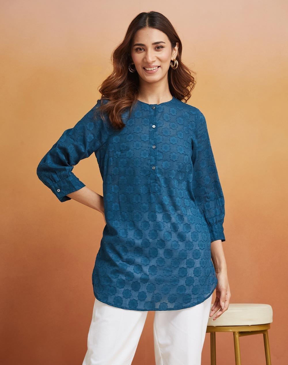 Blue Cotton Printed Tunic – Classic Round Neck Kurti - Image 1
