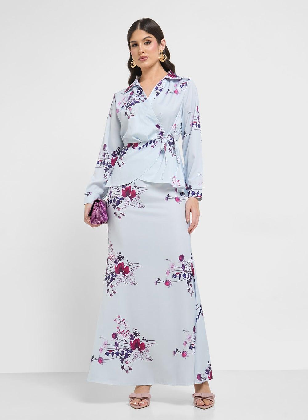 Sky Blue Floral Wrap Maxi Dress Clt254003 - Image 1