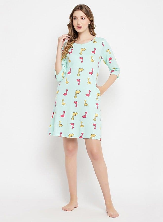 Clovia Ns1489D03 Baby Blue Dinosaur Cotton Sleep Tee - Image 1