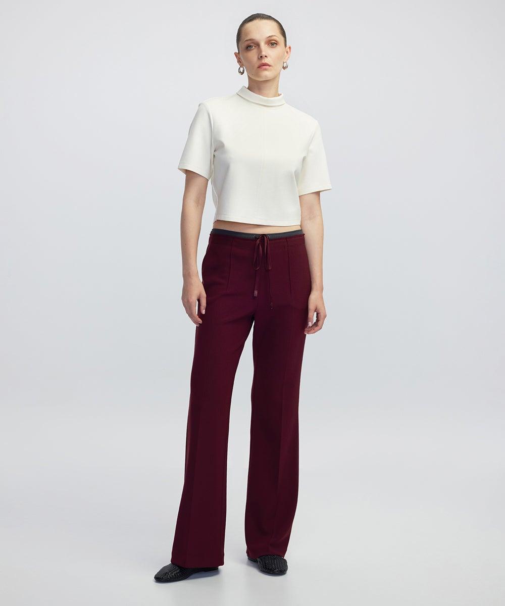 Maroon Wide Leg Trousers with Contrast Waist - Image 1