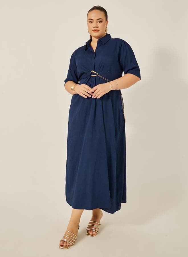 Styli Plus Size Navy Textured Shirt Midi Dress Chain Detail - Image 1