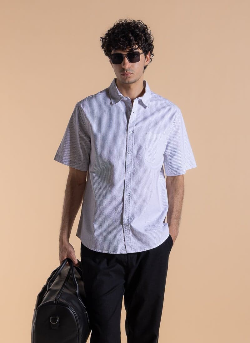 Slim Striped Cotton Shirt – White Casual Fit - Image 1