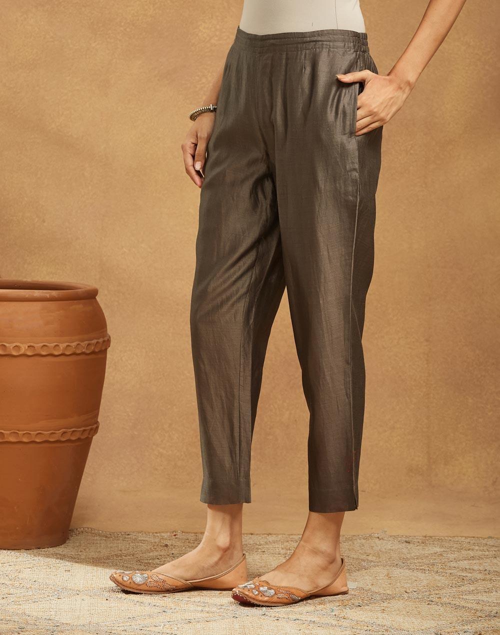 Grey Cotton Silk Ethnic Pants – Festive Mid Rise Fit - Image 1