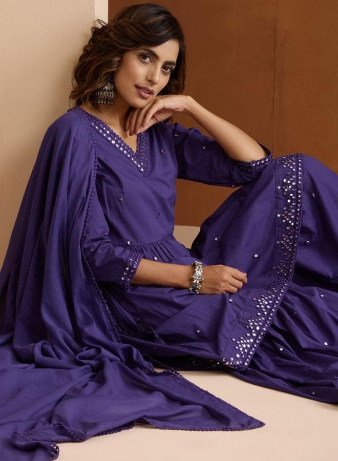 Purple Embellished Cotton Kurta Palazzo Set for Women - Image 1