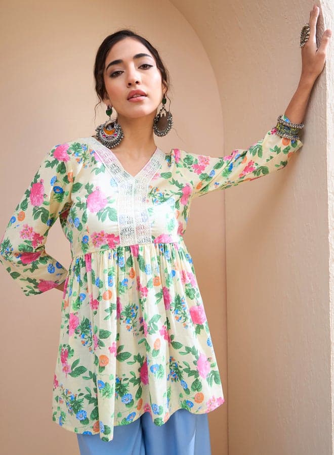 SASSAFRAS Yellow Floral Cambric Peplum V-Neck Kurti - Image 1