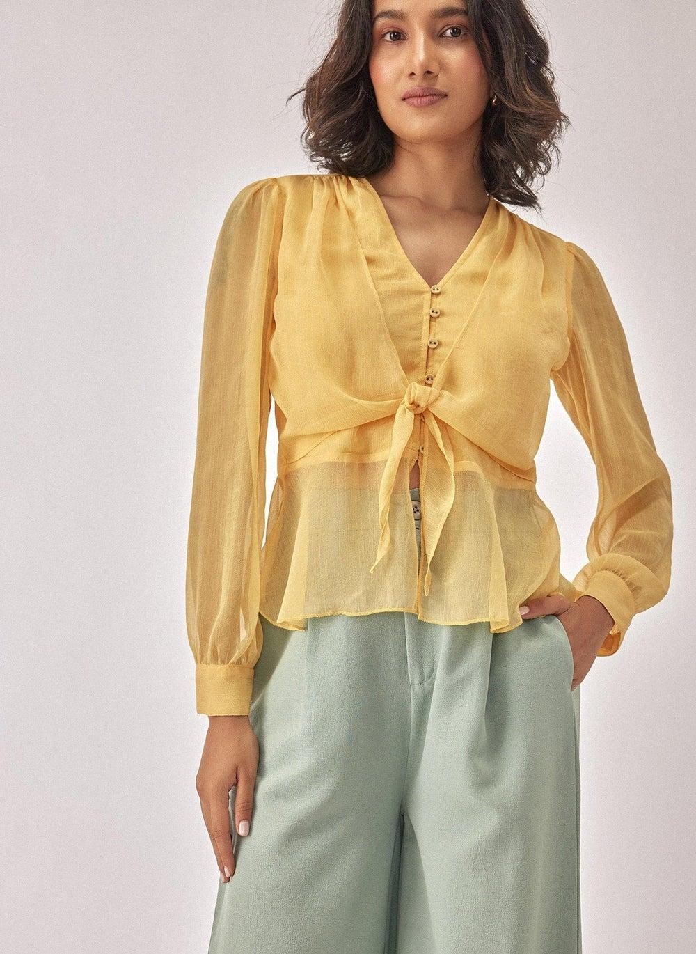 Yellow Chiffon Peplum Blouse with V Neck - Image 1