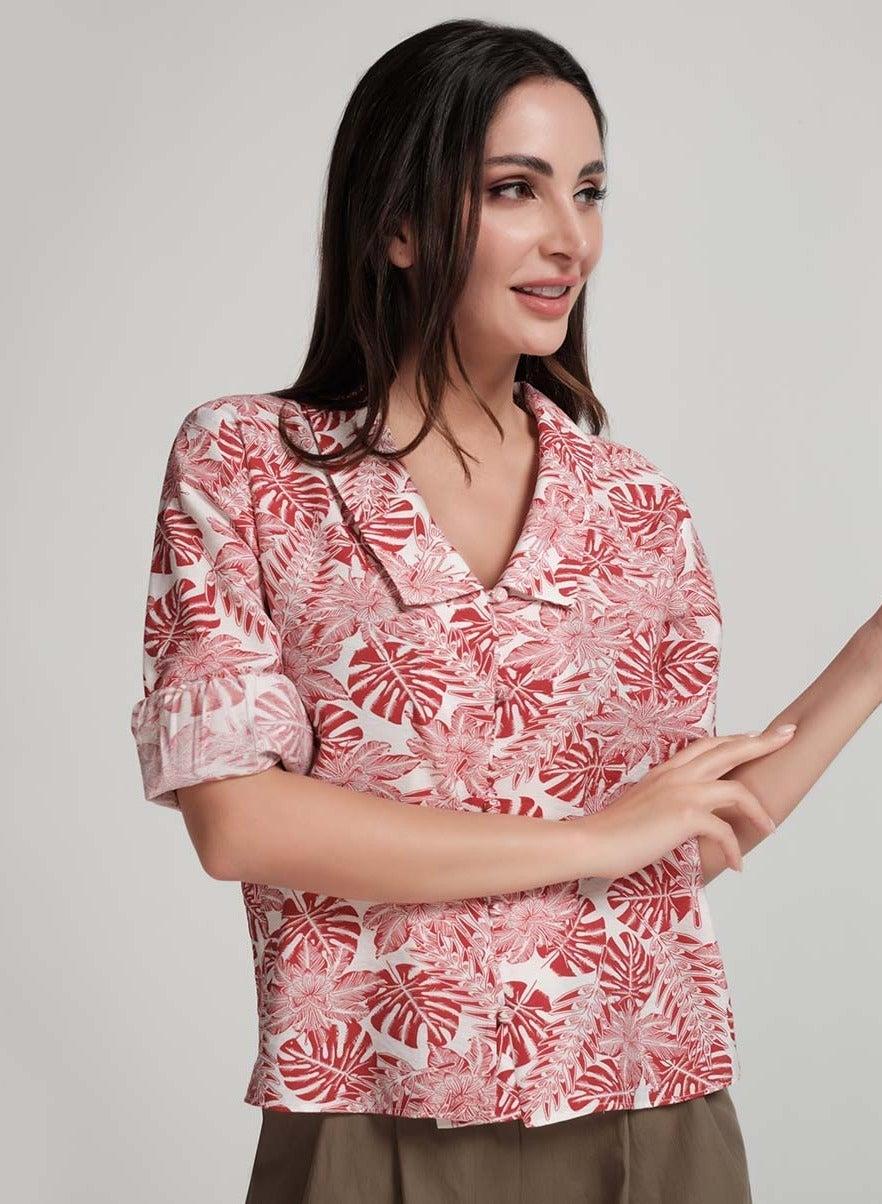 Floral Red V-Neck Collared Top Classic Fit - Image 1