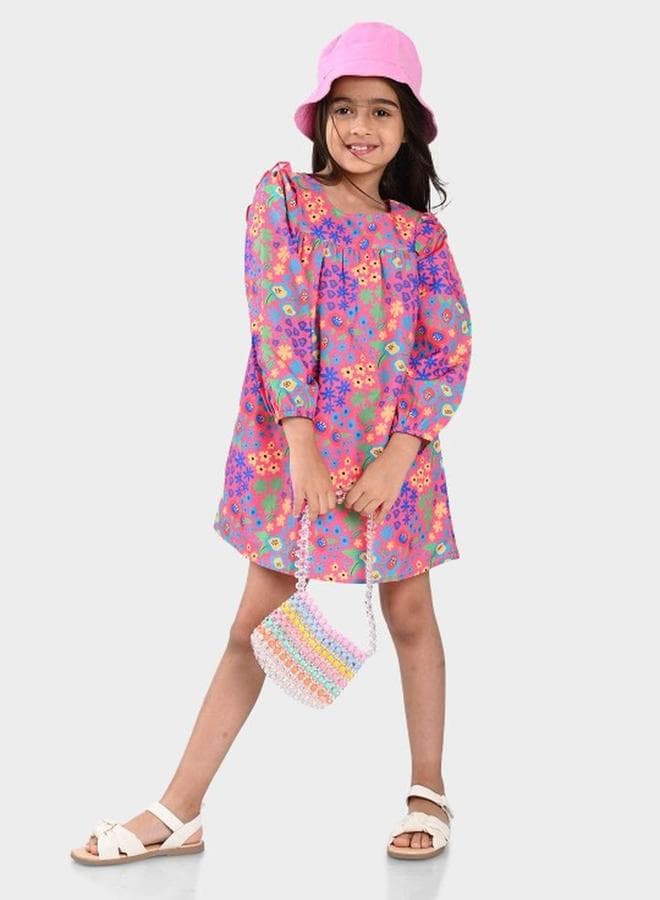 Girls Multicolour Cotton Printed Midi Dress Regular Fit - Image 1