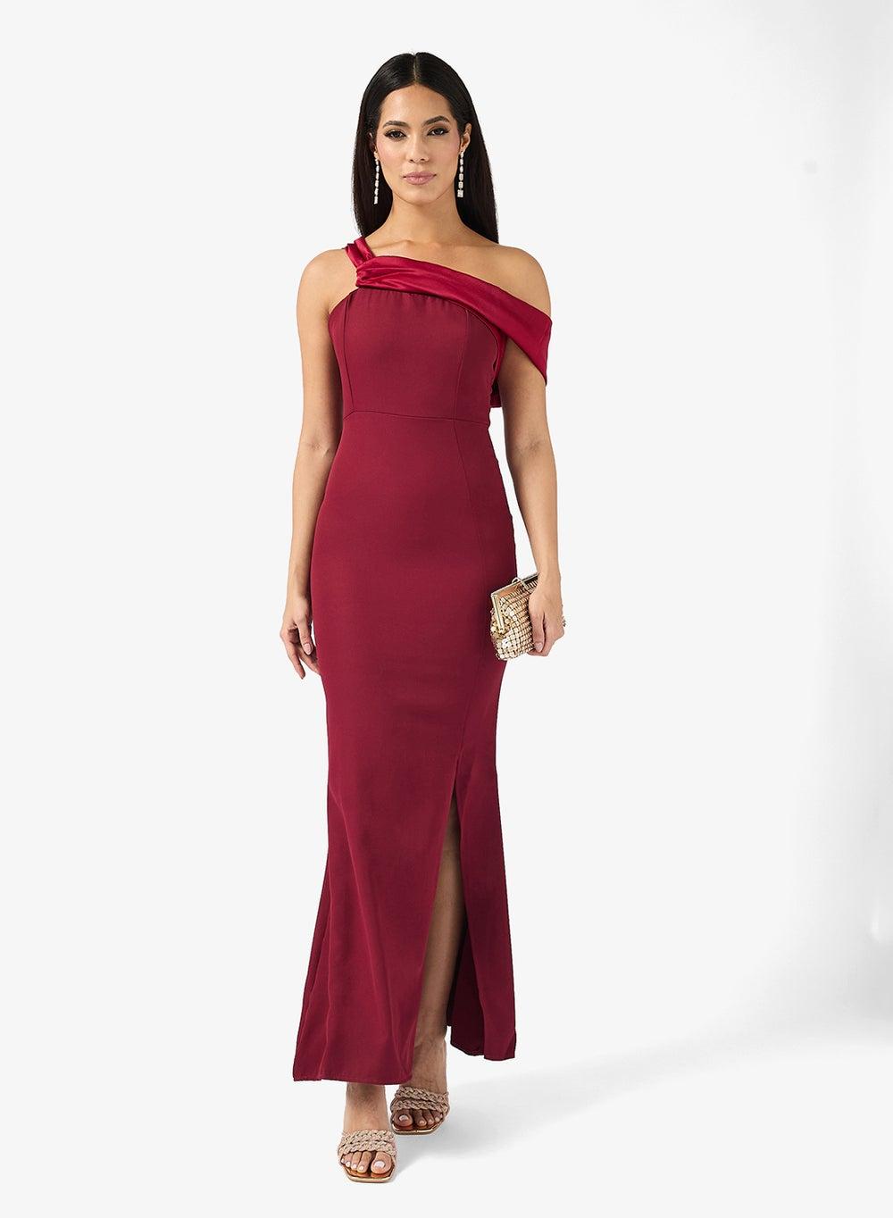 Burgundy One-Shoulder Maxi Dress Ma060154 with Slit - Image 1