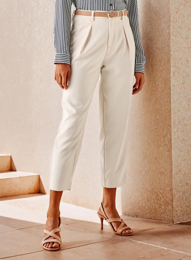 Iconic Belted Pegged Pants – High Rise Cream - Image 1