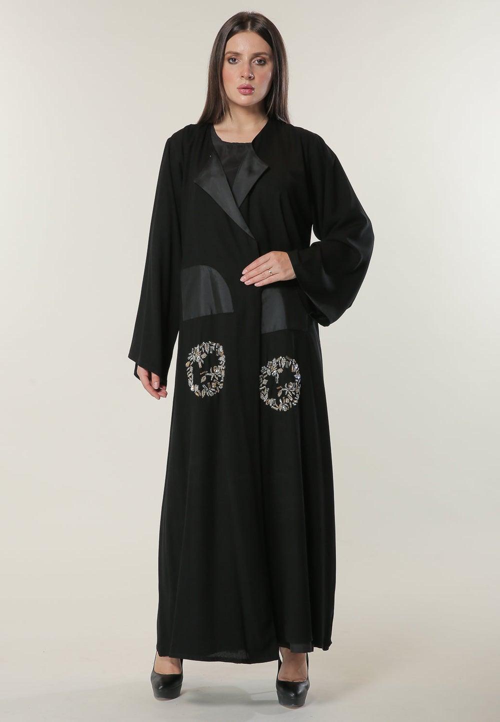 Black Embroidered Embellished Asymmetric Abaya - Image 1