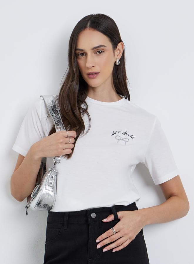 Styli White Embbellished Knit T-Shirt Diamante Bow - Image 1