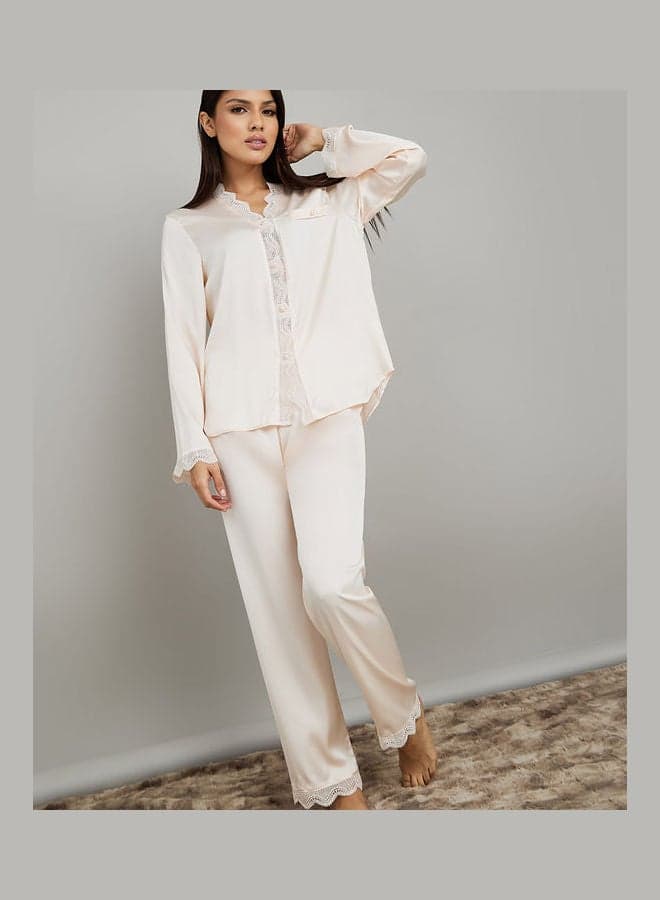 Cream Lace Edge Satin Button-Through Pyjama Set - Image 1