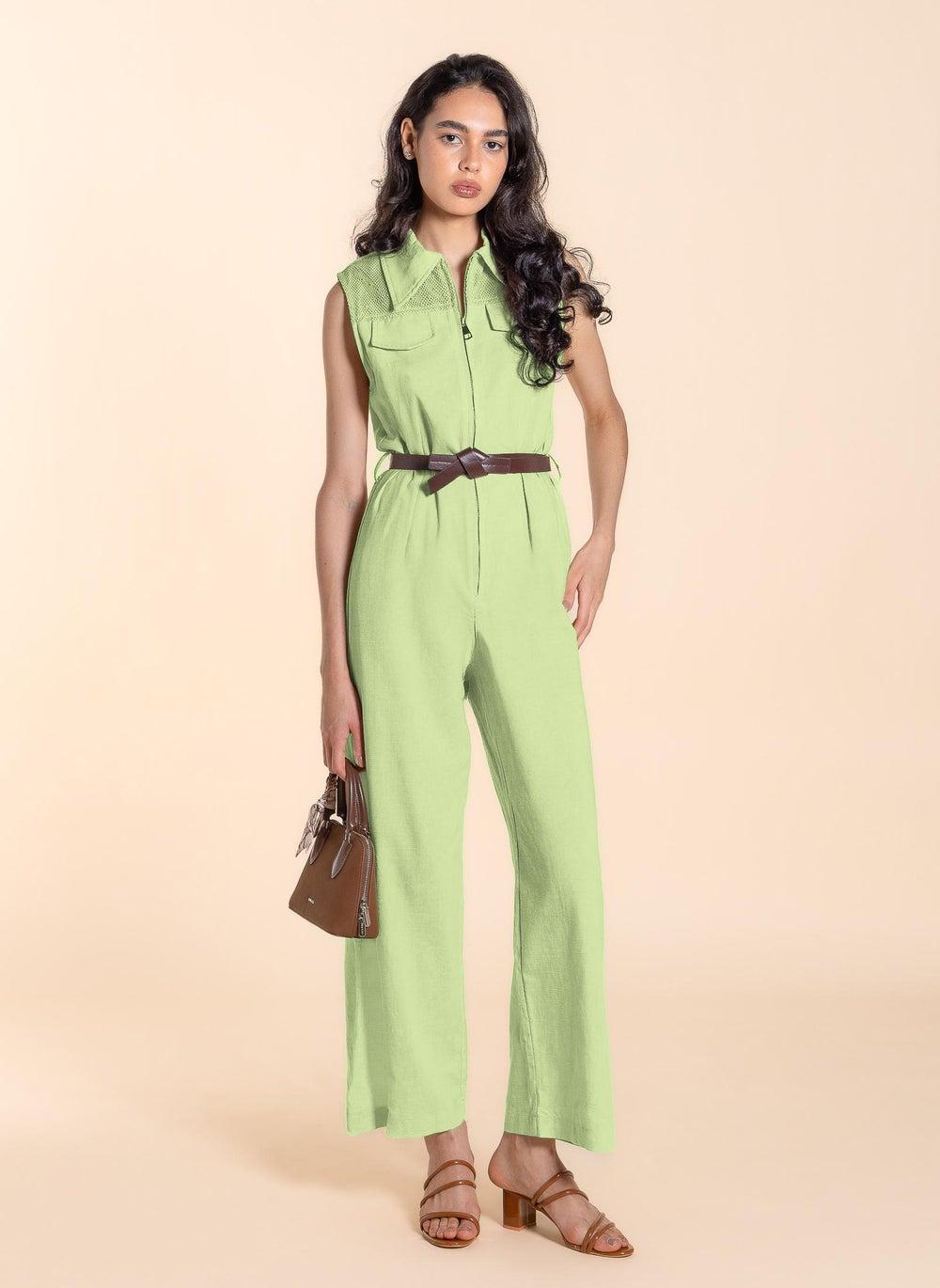Detailed Belted Green Jumpsuit - Image 1