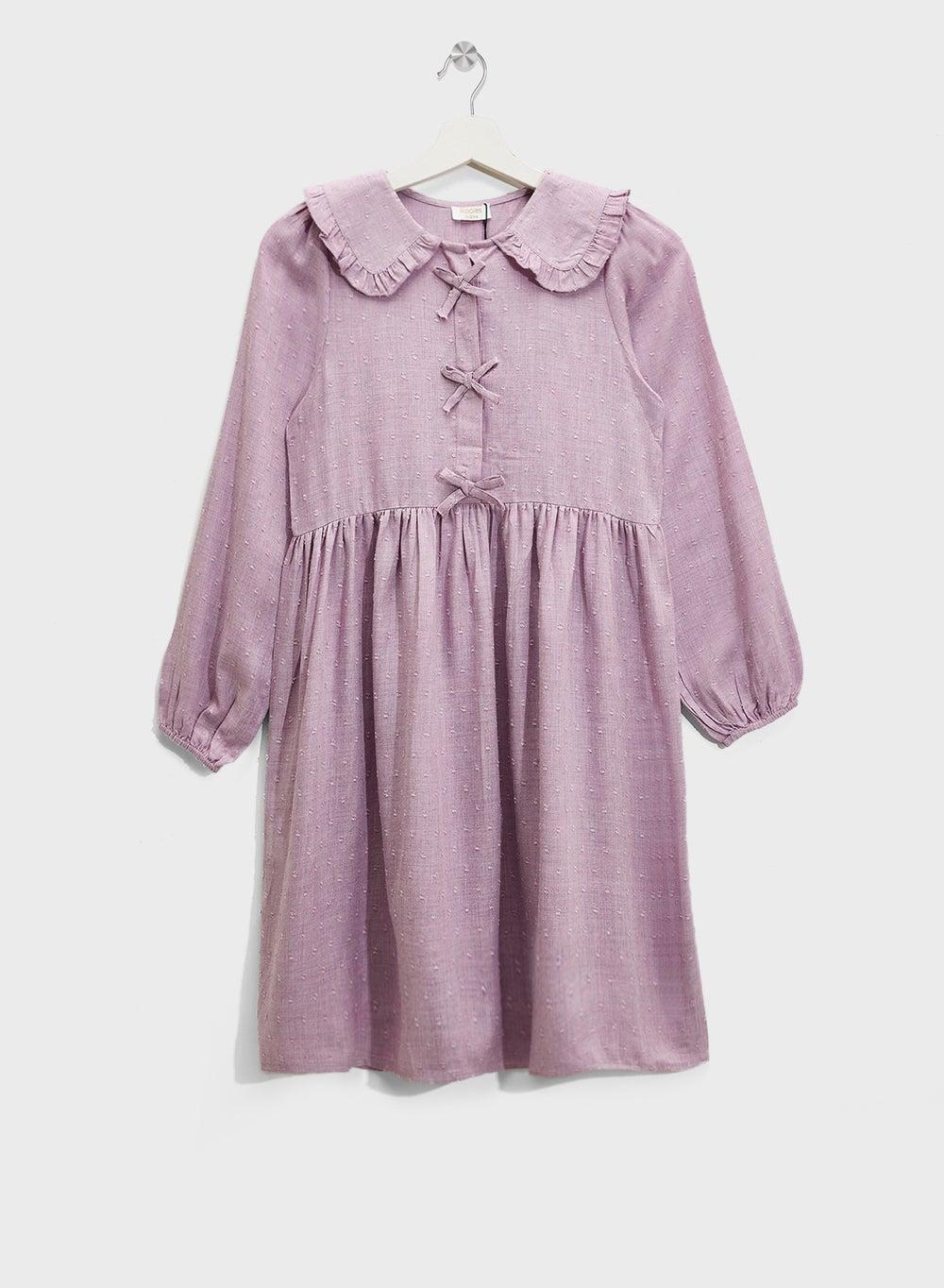 Girls Lilac Cotton Peter Pan Collar Bow Dress - Image 1