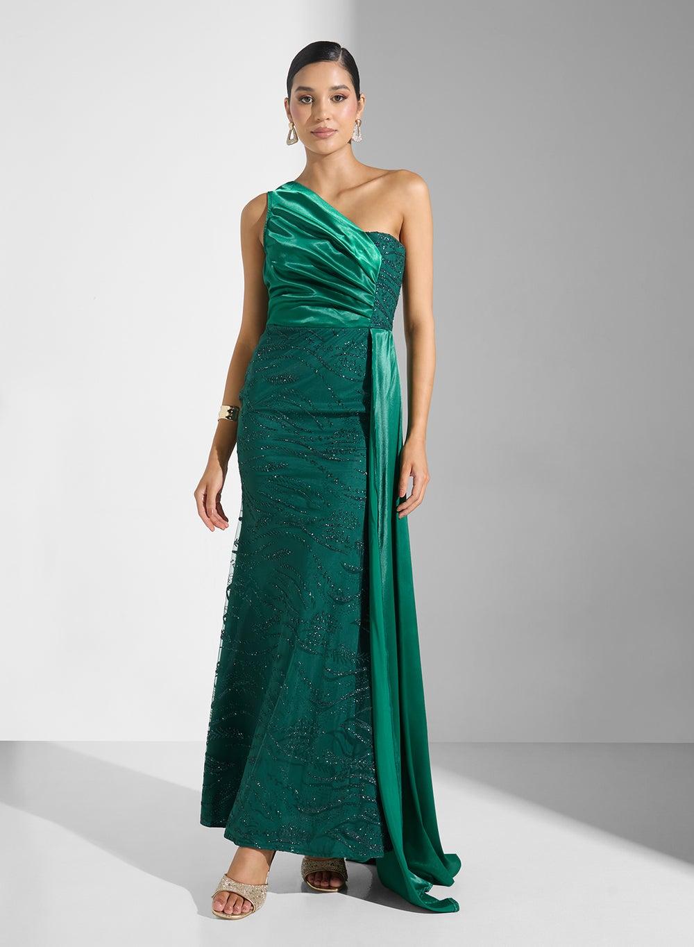 Emerald One-Shoulder Shimmer Maxi Dress Ma210119 - Image 1