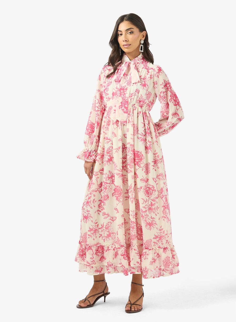 BCBG Floral Tie Neck A-Line Maxi Dress - Image 1