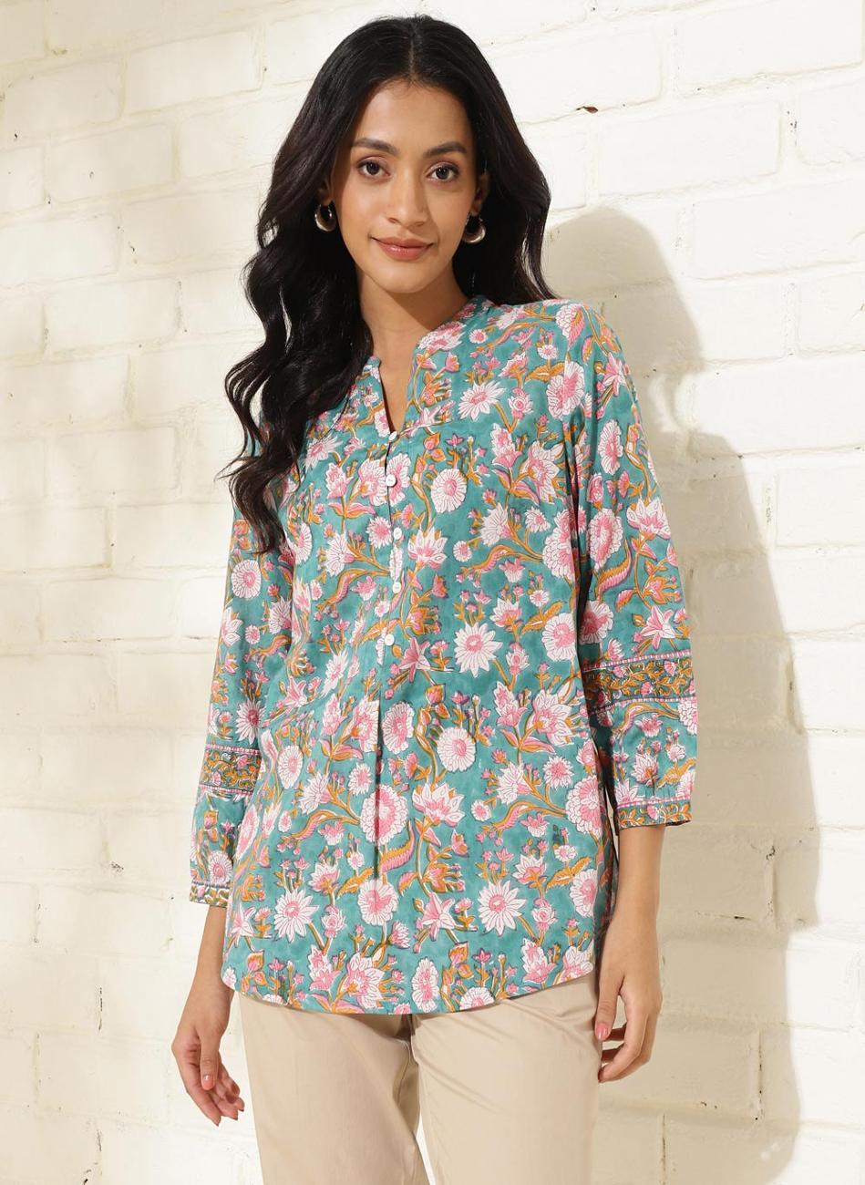Blue-Pink Printed Cotton Tunic with Chinese Collar - Image 1