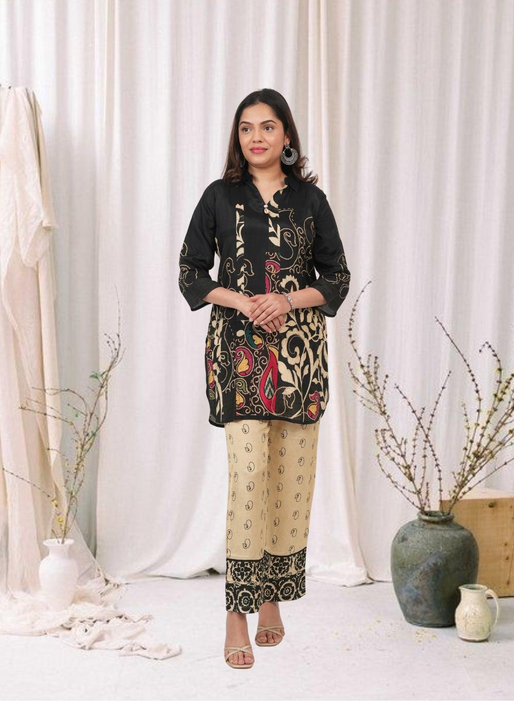 Black & Beige Printed Kurta Pant Co-Ord Set - Image 1