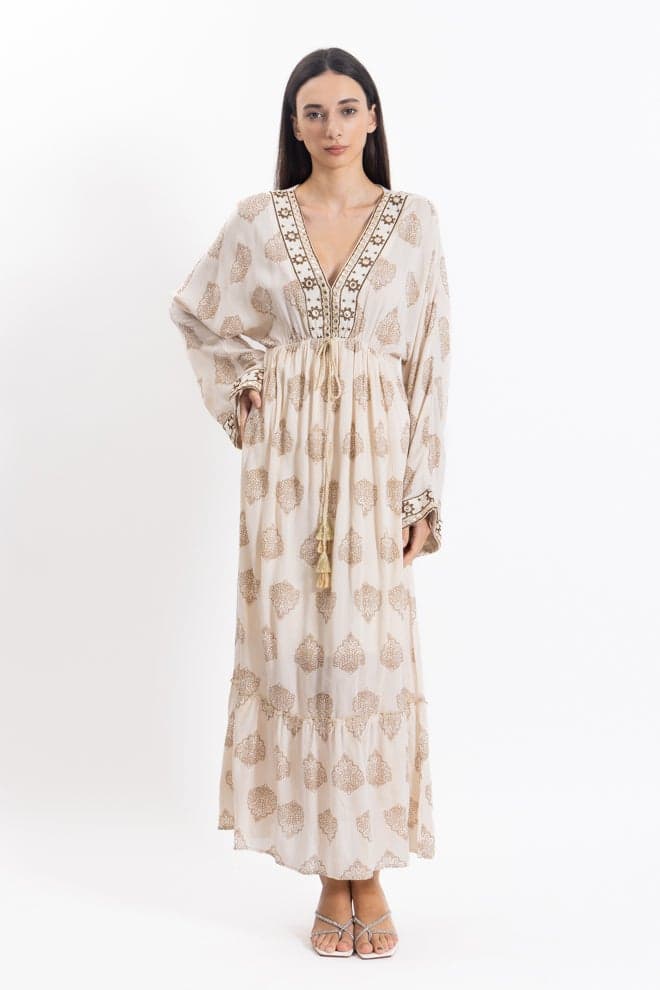 Cream Paisley V-Neck Maxi Dress with Drawstring Waist - Image 1