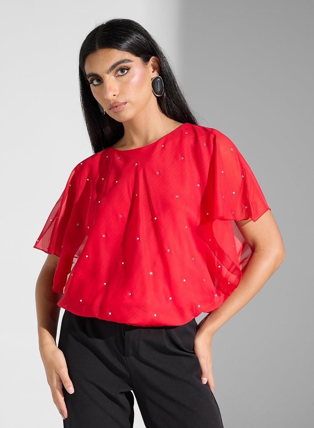 Red Floral Modest Blouse – Classic Fit UAE Design - Image 1