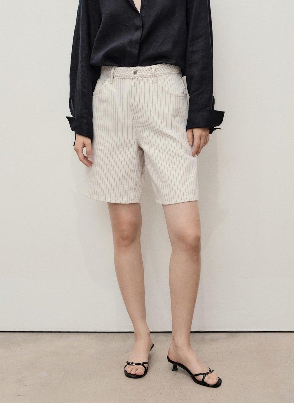 High-Rise Striped Denim Shorts 17081177 02 - Image 1