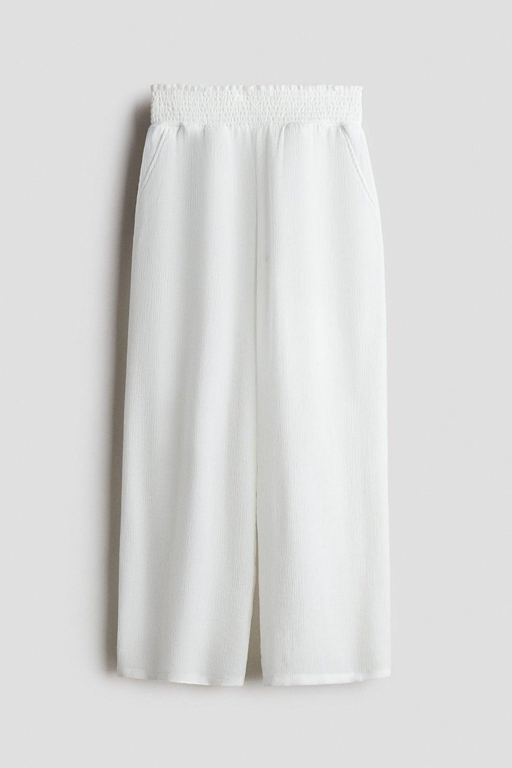 Girls Smocked Crinkled Wide-Leg Trousers White - Image 1